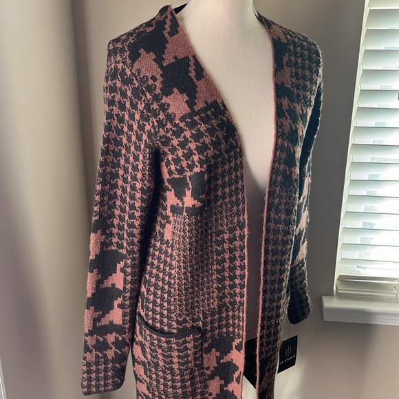 I.N. Studio Brown Black Houndstooth Long Sleeve Cardigan w Front Pockets PM - Picture 3 of 5